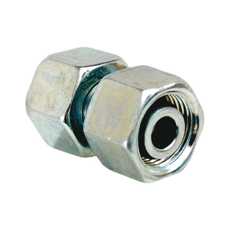 Close-up image of a Sparex Hydraulic Metal Pipe Straight Coupling 15L M22X1,5, featuring two hexagonal nuts on either end, used for connecting pipes or tubes (Sparex Part No. S.34713).