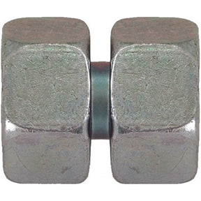 Close-up image of two Sparex 18L M26X1.5 Hydraulic Metal Pipe Straight Couplings (Sparex Part No.S.34714) with flat sides placed side by side, showing a minimal gap between them, reminiscent of parts in a hydraulic metal pipe system.