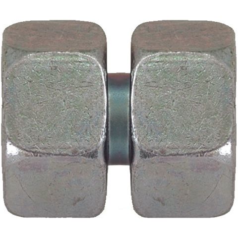 A close-up view of the Hydraulic Metal Pipe Straight Coupling 18L M26X1,5 by Sparex (Sparex Part No. S.34714), showcasing its two opposing flat faces used in hydraulic metal pipe systems.