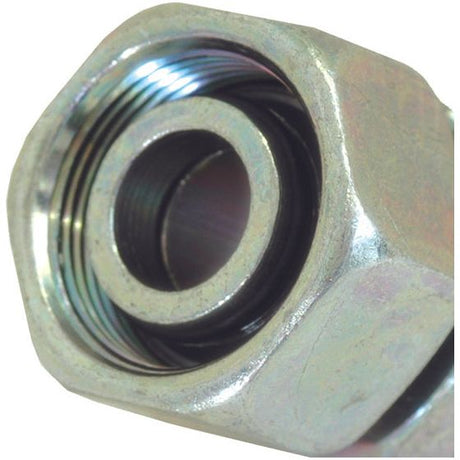 Close-up image of a Sparex Hydraulic Metal Pipe Straight Coupling 18L M26X1.5 (Sparex Part No.S.34714) hexagonal metal nut with visible internal threading, perfect for a straight coupling in a hydraulic metal pipe system.