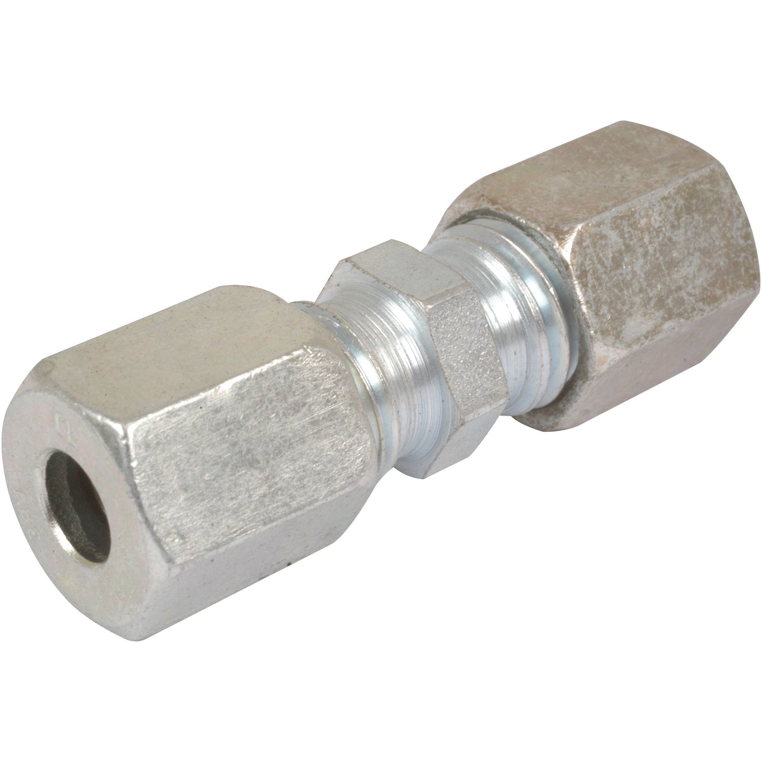 The Hydraulic Metal Pipe Straight Coupling 20S M30X2,0MM | Sparex Part No.S.34707 by Sparex is a metal coupling connector featuring hexagonal nuts on both ends and a threaded central section, designed for secure connections in hydraulic metal pipes.