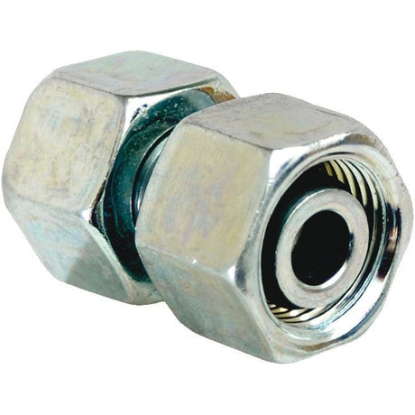 A close-up of a Sparex Hydraulic Metal Pipe Straight Coupling 8L M14X1.5 (Sparex Part No.S.34710) with hexagonal nuts on either end, designed for connecting M14X1.5 pipes or tubing.