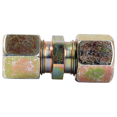A close-up view of the Sparex Hydraulic Metal Pipe Straight Coupling G.V. 10L (Sparex Part No.S.34042) designed for a 10mm pipe, featuring two hexagonal ends and a central connector, showing some signs of wear and rust.
