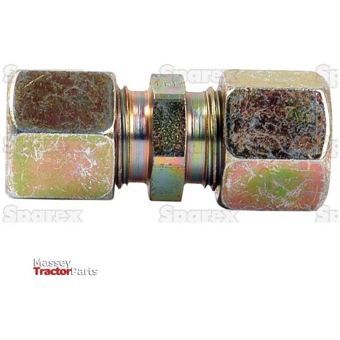 Image of the Sparex Hydraulic Metal Pipe Straight Coupling G.V. 10L designed for Massey Ferguson tractors. The coupling, identified by Sparex Part No.S.34042, is crafted from metal and features hexagonal ends with visible threading and signs of wear.