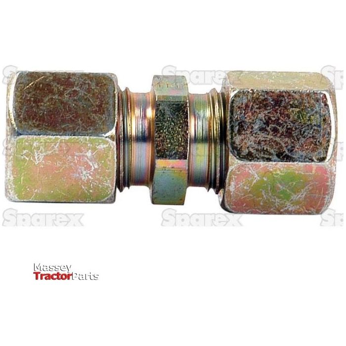 Two metallic hexagonal nuts connected by a Hydraulic Metal Pipe Straight Coupling G.V. 10S (Sparex Part No.S.34047), with the "Massey Tractor Parts" logo partially visible in the background.