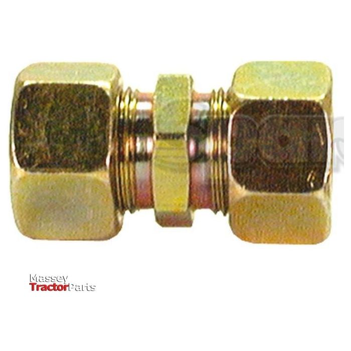 A brass compression fitting with hexagonal nuts on both ends, designed for Pipe O/D 12mm. The Sparex logo is visible in the bottom left corner, confirming its authenticity as the Hydraulic Metal Pipe Straight Coupling G.V. 12L (Sparex Part No. S.34043).