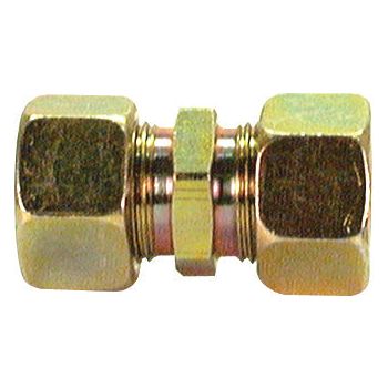 A Hydraulic Metal Pipe Straight Coupling G.V. 12L, Sparex Part No. S.34043, by Sparex, featuring brass compression fittings with hexagonal ends and a central connecting nut designed for a pipe O/D 12mm.
