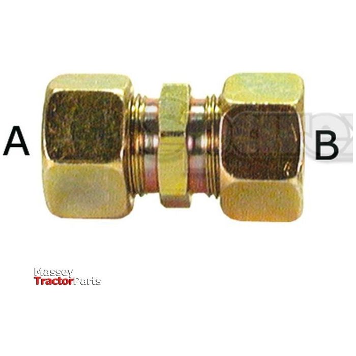 Image of a brass compression fitting connector labeled with "A" on the left side and "B" on the right side. The words "Sparex" are in the bottom-left corner, indicating it's a Hydraulic Metal Pipe Straight Coupling G.V. 15L | Sparex Part No.S.34044.