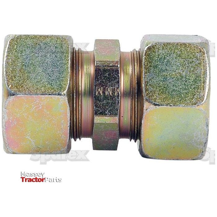 A hydraulic metal pipe straight coupling designed for tractors, featuring threaded connectors on both ends. This straight coupling, compatible with an 18mm pipe, displays "Massey Tractor Parts" in the bottom-left corner and is known as the Hydraulic Metal Pipe Straight Coupling G.V. 18L | Sparex Part No. S.34045 by Sparex.