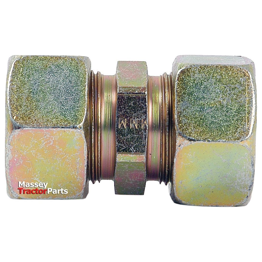 Close-up of a Sparex fitting featuring hexagonal ends and a central connector, this Hydraulic Metal Pipe Straight Coupling G.V. 18L (Sparex Part No. S.34045) doubles as an 18mm pipe compression fitting for secure connections.