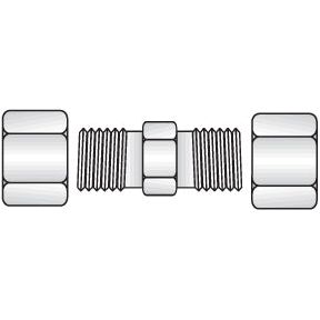 Diagram of the Hydraulic Metal Pipe Straight Coupling G.V. 6L by Sparex, showcasing two cylindrical end pieces connected by a central threaded section, illustrating a compression fitting design (Sparex Part No.S.34040).