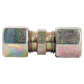 The Hydraulic Metal Pipe Straight Coupling G.V. 8L | Sparex Part No.S.34041, a metallic compression fitting branded as Sparex, is designed for an 8mm pipe O/D and features hexagonal nuts on both ends with a central threaded section for straight coupling.