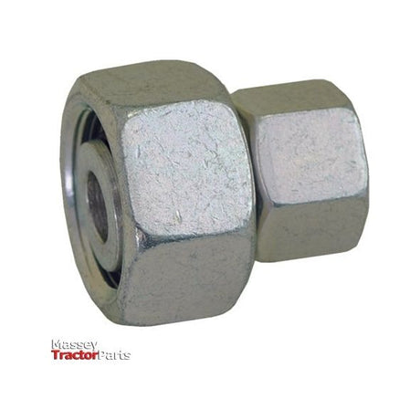 Close-up image of a metal hex coupling nut, featuring the "Sparex" logo in the corner, showcasing its compatibility as a straight reducer coupling for hydraulic metal pipe, size 10 / 8L. This product is labeled as Hydraulic Metal Pipe Straight Reducer Coupling 10 / 8L | Sparex Part No.S.34719.
