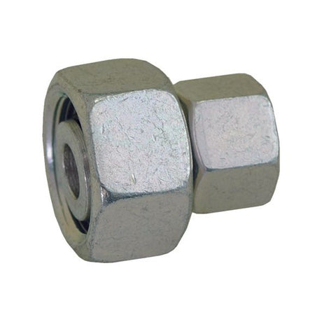 Close-up of a metallic hex nut fitting with threading visible on the inside, perfect for use in the Sparex Hydraulic Metal Pipe Straight Reducer Coupling 12L / 12S (Sparex Part No. S.34727) and other hydraulic metal pipe applications.