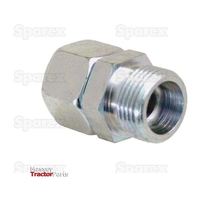 A metal hexagonal threaded tube fitting against a white background, marked with the logo "Sparex" in light gray and "Massey Tractor Parts" in the bottom left corner. This hydraulic metal pipe, known as Hydraulic Metal Pipe Straight Reducer Coupling 12L / 12S (Sparex Part No. S.34733), ensures compatibility and durability in various applications.