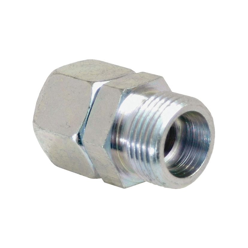 Close-up of a metallic hexagonal threaded fitting. This component features one smooth, hexagonal end and one threaded cylindrical end. It is designed as the Hydraulic Metal Pipe Straight Reducer Coupling 12L / 12S for hydraulic metal pipe applications and is known as Sparex Part No.S.34733 by the brand Sparex.
