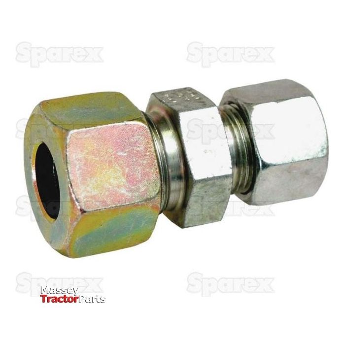 A Sparex Hydraulic Metal Pipe Straight Reducer Coupling, featuring two nuts connected by a central threaded joint and marked with the sizing 12 / 6L (Sparex Part No. S.34746), photographed on a white background. Designed for hydraulic metal pipe applications, this coupling boasts a hexagonal metal construction.
