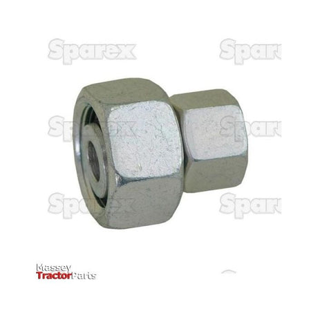Close-up of a metallic hexagonal coupling, often used in tractor parts, with branding text "Sparex" and "Massey Tractor Parts" in the background. This Hydraulic Metal Pipe Straight Reducer Coupling 12 / 8L | Sparex Part No.S.34720 is perfect for hydraulic metal pipe applications on your agricultural machinery.