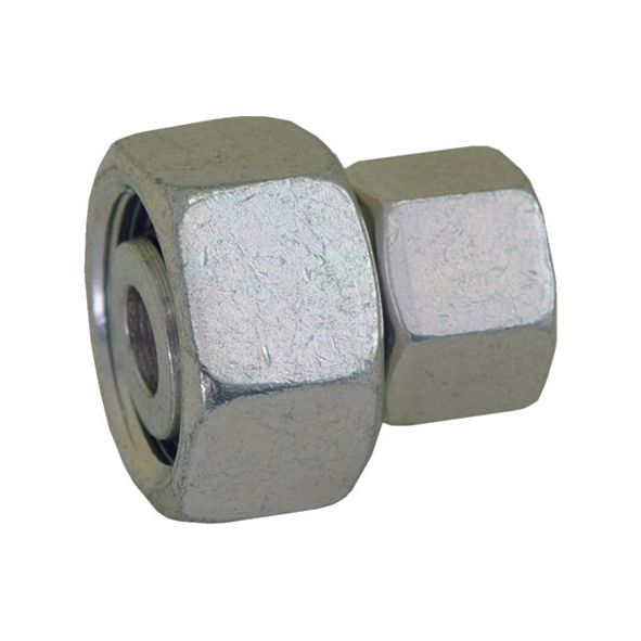A close-up of the Sparex Hydraulic Metal Pipe Straight Reducer Coupling 15 / 10L (Sparex Part No. S.34722), featuring a hexagonal metal nut with a cylindrical thread, commonly used in fastening applications for hydraulic metal pipes.