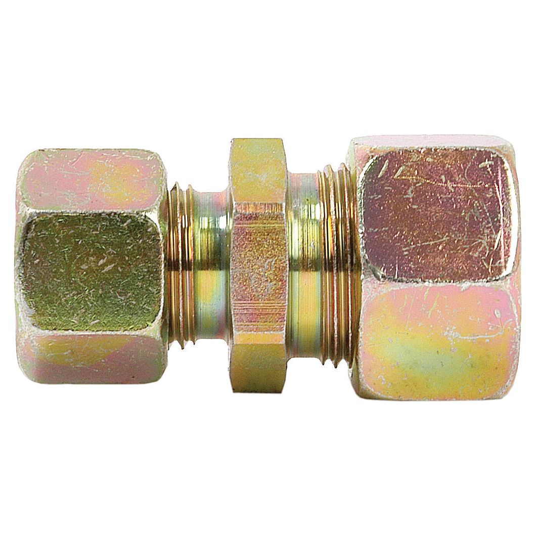 Close-up of a Sparex metallic hexagonal fitting, featuring a threaded central section and hexagon-shaped nuts on both ends, designed as the Hydraulic Metal Pipe Straight Reducer Coupling 15 / 10L (Sparex Part No. S.34749).