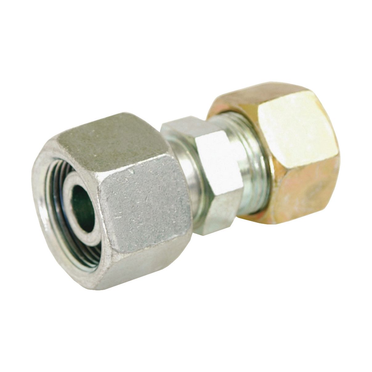 The Sparex Hydraulic Metal Pipe Straight Reducer Coupling 16S / 15L (Part No. S.34745) features hexagonal nuts on both ends, designed for connecting and sealing hydraulic metal pipes or tubes.