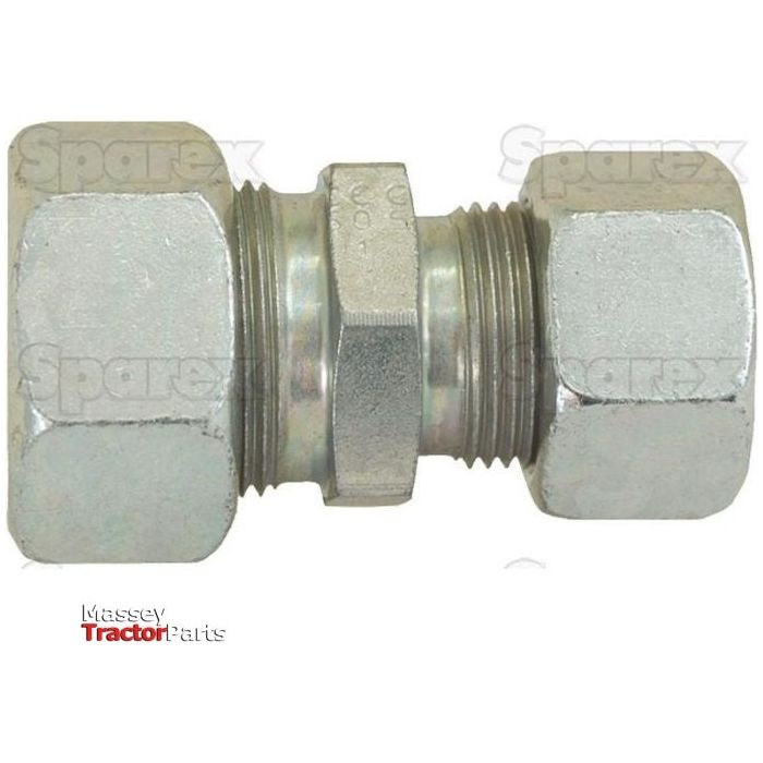 Close-up of a metal hydraulic hose coupling fitting with hexagonal ends, labeled "Sparex" and "Hydraulic Metal Pipe Straight Reducer Coupling 22 / 15L | Sparex Part No.S.34750" in the background.