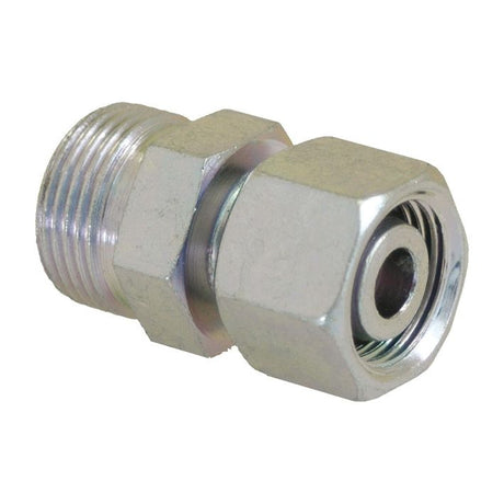 Close-up of a Sparex Hydraulic Metal Pipe Straight Reducer Coupling 8L / 10L (Part No. S.34730) featuring threaded ends and a hexagonal shape in the middle.