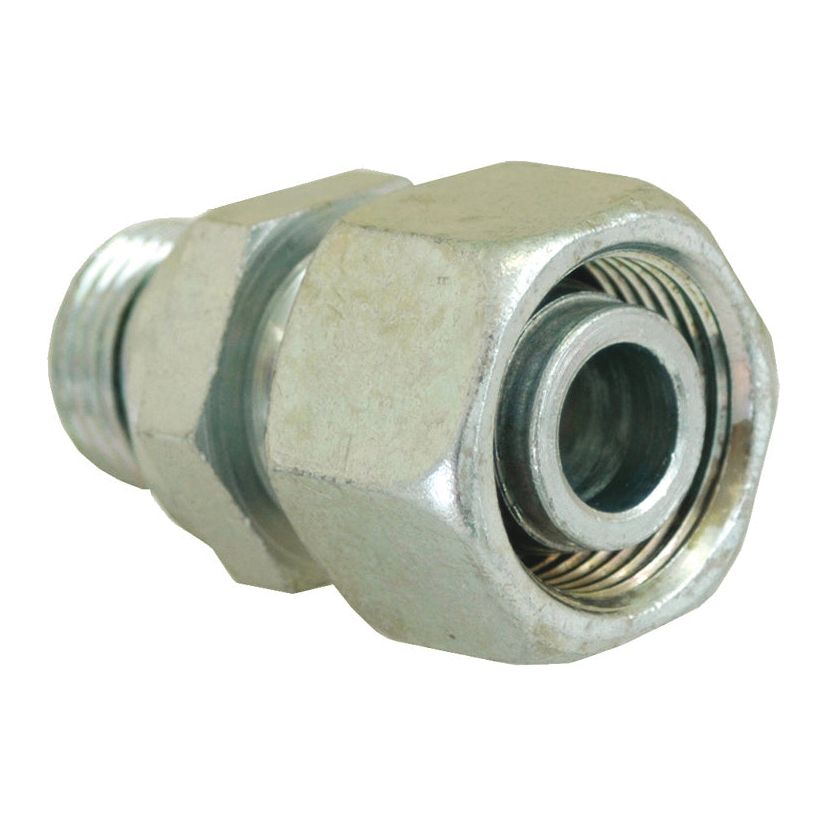The Sparex Hydraulic Metal Pipe Stud Coupling M10X1,0 / 6L (Sparex Part No. S.34755) is a metal hexagonal compression fitting with a threaded end (M10X1) and a coiled spring visible inside, ideal for hydraulic metal pipe applications.
