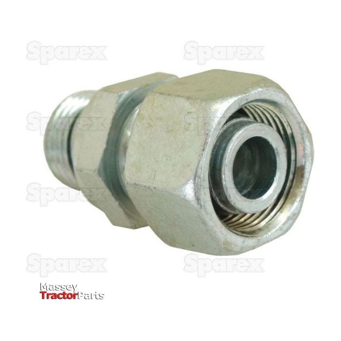 Close-up of a metallic hexagonal hydraulic hose fitting with visible threads, featuring company logos "Sparex" and "Massey TractorParts" in the background, showcasing the Sparex Hydraulic Metal Pipe Stud Coupling M10X1.0 / 6L, Part No. S.34755, ideal for hydraulic metal pipe connections.