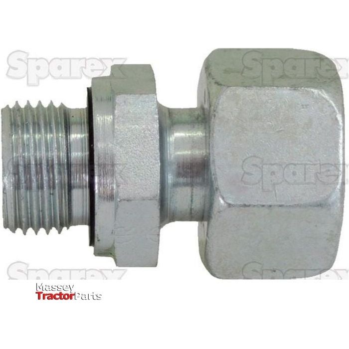 The image shows a silver metal hydraulic fitting with threaded ends against a light background. The text "Sparex" and "Massey Tractor Parts" is visible in the background, along with specifications such as M14X1,5 and 10L. The product is identified as the Hydraulic Metal Pipe Stud Coupling M14X1,5 / 10L by Sparex, Part No.S.34757.