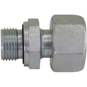 Close-up of a Sparex Hydraulic Metal Pipe Stud Coupling (Sparex Part No. S.34757) with an M14X1.5 threaded 10L male end on the left and a hexagonal-shaped female end on the right.