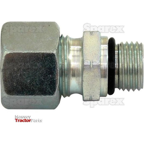 Close-up of the Hydraulic Metal Pipe Stud Coupling 12L - 9/16''UNF, featuring a hexagonal nut on one end and a threaded section with an O-ring on the other. Text in the background reads "Sparex" and "Massey Tractor Parts." This male stud coupling, Sparex Part No. S.34309, is compatible with 12L S.C systems by PARKER HANNIFIN.