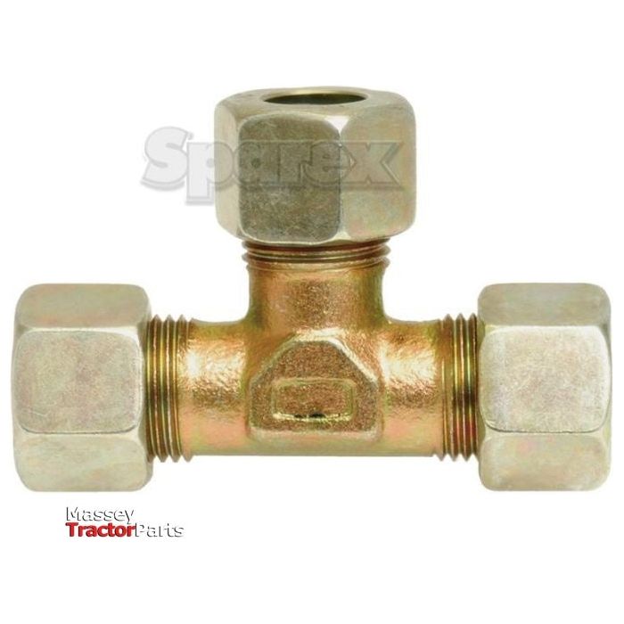 A brass, T-shaped hydraulic metal pipe tee coupling compression fitting with threaded ends and hexagonal nuts, displayed on a white background. The faint text "Sparex" is visible in the background. Suitable for pipe O/D 12mm applications, this product is known as the Hydraulic Metal Pipe Tee Coupling T.V. 12L (Sparex Part No.S.34103).