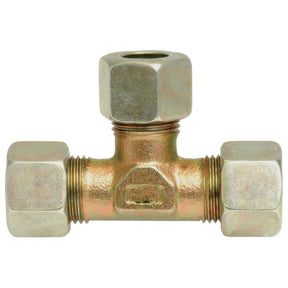 A Sparex Hydraulic Metal Pipe Tee Coupling T.V. 12L (Sparex Part No. S.34103) featuring a brass T-shape with threaded ends and hexagonal nuts on each of its three outlets, designed for 12mm pipe O/D.