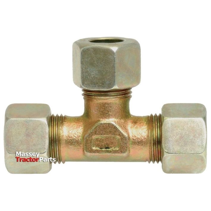 A brass hydraulic metal pipe tee coupling, labeled "Hydraulic Metal Pipe Tee Coupling T.V. 15L | Sparex Part No. S.34104," designed for 15mm pipes under the brand name Sparex.