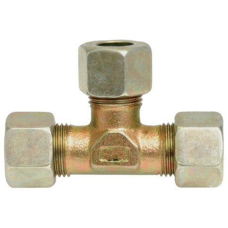 The Sparex Hydraulic Metal Pipe Tee Coupling T.V. M26 x 1.5 18L (Part No. S.34105) is a brass T-shaped pipe fitting featuring compression nuts at all three ends, designed to connect three sections of pipe.