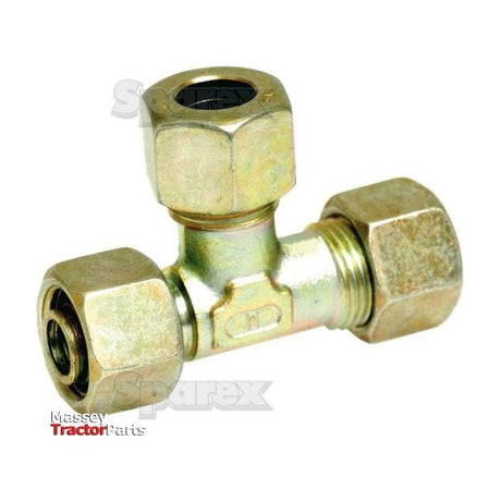 The Sparex Part No. S.34183, also known as the Hydraulic Metal Pipe Tee Standpipe Coupling E.L.V. 12L coupler branch, is a brass metal compression fitting with three threaded ends, designed for connecting pipes with a 12mm outer diameter in hydraulic or pneumatic systems.