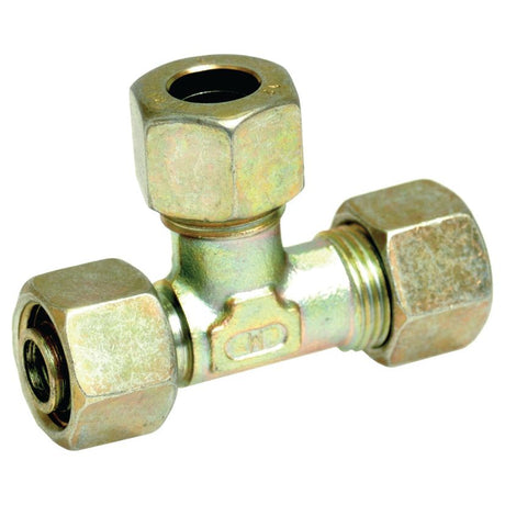 The Hydraulic Metal Pipe Tee Standpipe Coupling E.L.V. 12L coupler branch, Sparex Part No.S.34183, from Sparex features two male compression threads on the horizontal axis and one female compression thread at the top. Crafted from durable brass with a rugged, corrosion-resistant finish, this fitting is ideal for pipe O/D 12mm applications.