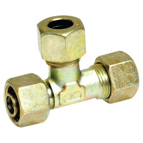 The Sparex Hydraulic Metal Pipe Tee Standpipe Coupling E.L.V. 8L coupler branch (Part No. S.34181) is a brass compression fitting with three hexagonal ends, designed for joining pipes.