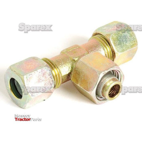 The Hydraulic Metal Pipe Tee Stud Coupling E.T.V. 10L standpipe branch, identified by Sparex Part No. S.34162, is a high-quality brass T-connector fitting with hexagonal ends designed for connecting three fluid lines, branded under "Sparex.