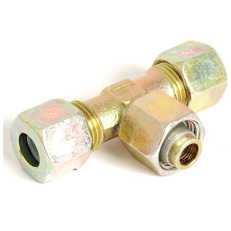 The Sparex Hydraulic Metal Pipe Tee Stud Coupling E.T.V. 10L standpipe branch (Part No. S.34162) is a brass T-shaped stud tee compression fitting with hexagonal nuts on all three ends, designed for connecting pipes.