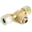 The Sparex Hydraulic Metal Pipe Tee Stud Coupling E.T.V. 10L standpipe branch, identified by Part No.S.34162, is a T-shaped brass compression fitting featuring compression nuts on all three ends, making it perfect for joining pipes in plumbing applications.