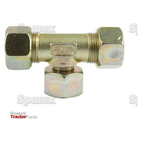 The Hydraulic Metal Pipe Tee Stud Coupling E.T.V. 15L standpipe branch (Sparex Part No.S.34164), a brass T-shaped fitting with three threaded ends, often used for connecting 15mm pipes or tubes, features the "Sparex" logo in the background.