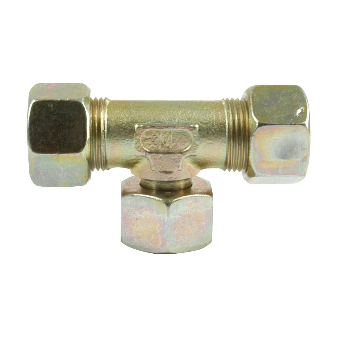 A Sparex Hydraulic Metal Pipe Tee Stud Coupling E.T.V. 15L standpipe branch (Sparex Part No.S.34164), ideal for connecting 15mm pipes and featuring three threaded hexagonal nuts.