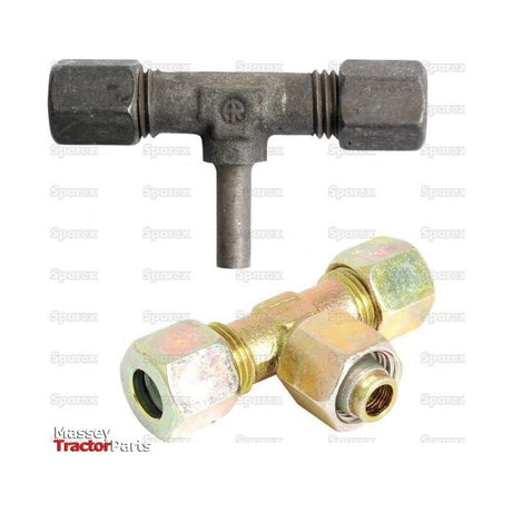 A pair of hydraulic metal pipe tee stud couplings, model E.T.V. 18L standpipe branch (Sparex Part No.S.34165), are featured in brass and metal with threaded ends. One coupling displays signs of aging with a darker finish, while the other maintains a shiny gold appearance. The background includes faint text mentioning "Parker Hannifin." These Sparex hydraulic fittings show subtle contrasts in wear.