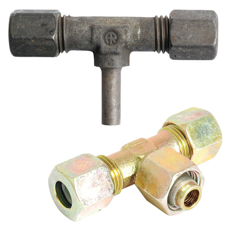 Two Hydraulic Metal Pipe Tee Stud Couplings are shown. The upper fitting appears rustic and worn, while the lower fitting is cleaner and made of a different material, possibly brass. The 18L standpipe branch design suggests they may be components from Sparex, specifically the Sparex Part No. S.34165 product.