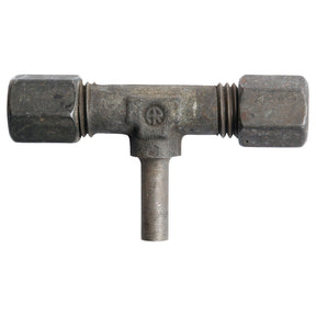The Sparex Hydraulic Metal Pipe Tee Stud Coupling E.T.V. 6L standpipe branch (Sparex Part No. S.34160) features two threaded nuts on the horizontal ends and one threaded outlet on the vertical end.