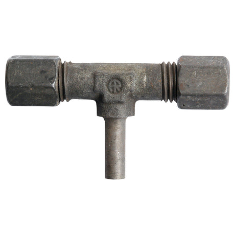 The Hydraulic Metal Pipe Tee Stud Coupling E.T.V. 6L standpipe branch (Sparex Part No.S.34160) is a reliable metal T-shaped pipe fitting with threaded connections on each end and a central pipe stub pointing downward, ideal for various applications from the reputable brand Sparex.