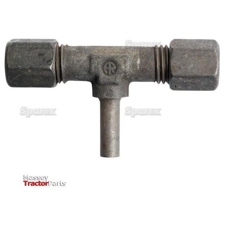 The Hydraulic Metal Pipe Tee Stud Coupling E.T.V. 6L standpipe branch from Sparex, also known as Sparex Part No.S.34160, is a T-shaped metal fitting with threaded connections at both ends and a central stem, ensuring compatibility in various plumbing or mechanical applications.