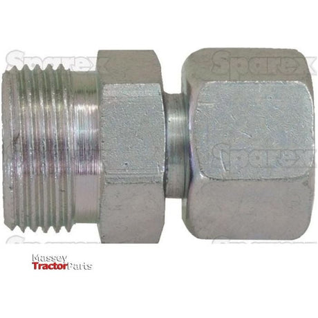 Close-up of the Hydraulic Metal Pipe Thread Adaptor RED 10S 1/2'' BSP (Sparex Part No. S.34338) with a hexagonal shape on one end and threaded on the other. The background has faintly visible logos.
